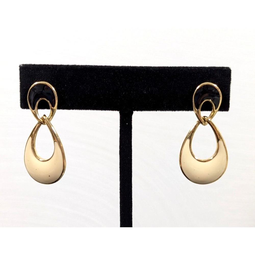Vintage Cream Black Enamel Color Block Teardrop Dangle Pierced Earrings Retr0